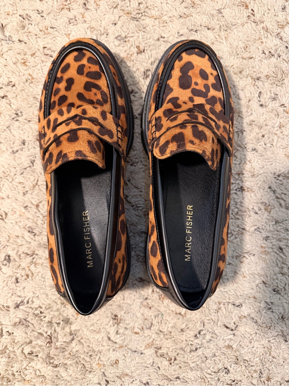 Marc Fisher Leopard-Print Penny Loafers with Black Lug Soles - Picture 2 of 3